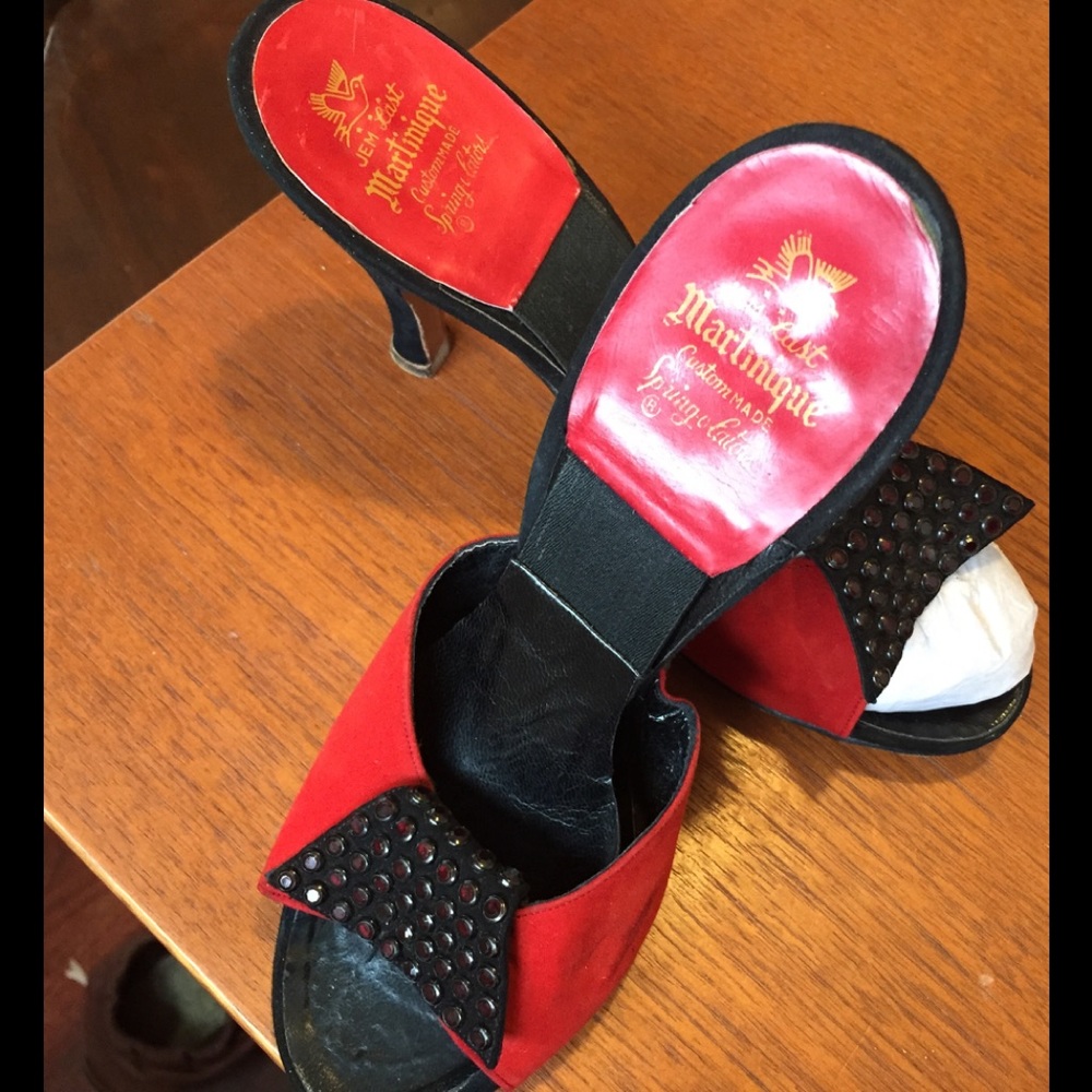 Custom Red and Black Suede Heels Red Rhinestones.